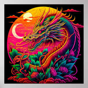 Affiche Design de néon coloré de dragon chinois