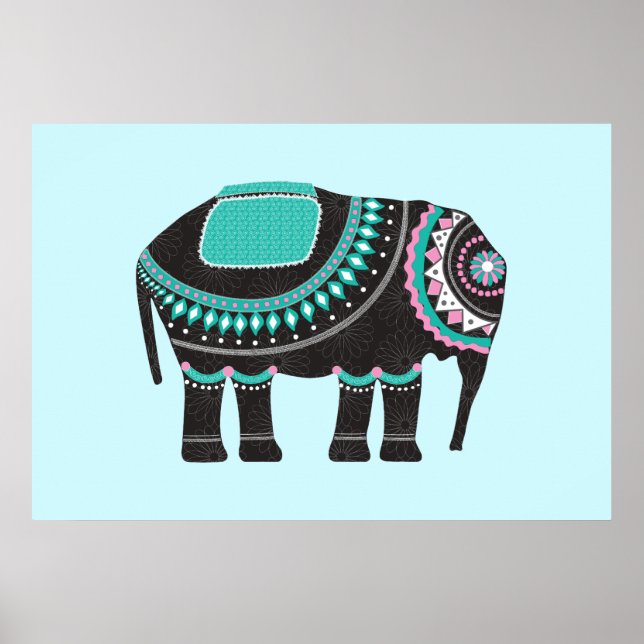 Affiche Design d'éléphant orné noir unique, moderne (Devant)