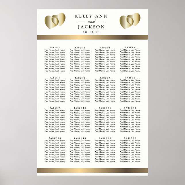 Affiche Design élégant Coeurs d'or - 16 Seating Chart (Devant)