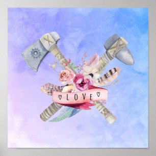 Affiche Design en aquarelle Tomahawk marteau et fleurs