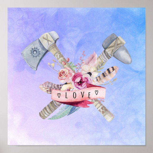 Affiche Design en aquarelle Tomahawk marteau et fleurs (Devant)