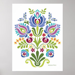 Affiche Design folklorique hongrois Fleurs bleues et viole