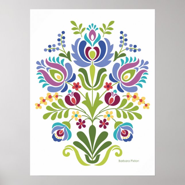 Affiche Design folklorique hongrois Fleurs bleues et viole (Devant)