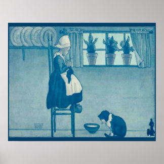 Affiche Design hollandais vintage, tricot fille 1905, chat