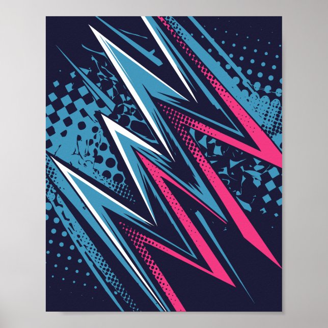 Affiche Design Zigzag Abstrait en cyan et rose vif (Devant)