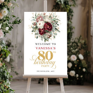 Affiche Designer Bourgogne Floral 80e Anniversaire de Nais
