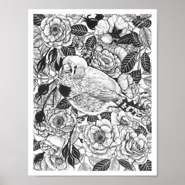 Affiche Dessin à encre de buisson Zebra et rose (Devant)