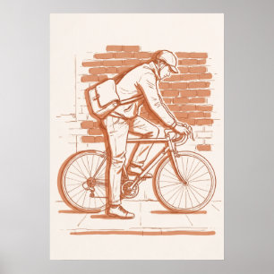 Affiche Dessin à la ligne sépia de coursier à vélo vintage