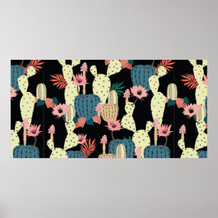 Affiche Dessin à la main Cactus Plante et fleurs Chat sans