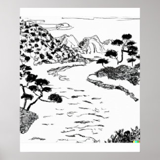 Affiche dessin à la main croquis fluvial dans l'art Ukiyo-