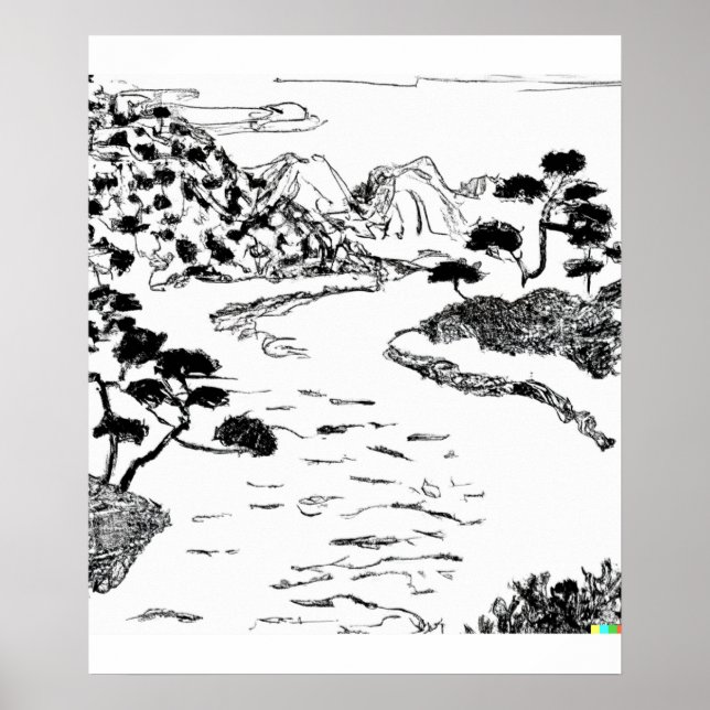 Affiche dessin à la main croquis fluvial dans l'art Ukiyo- (Devant)