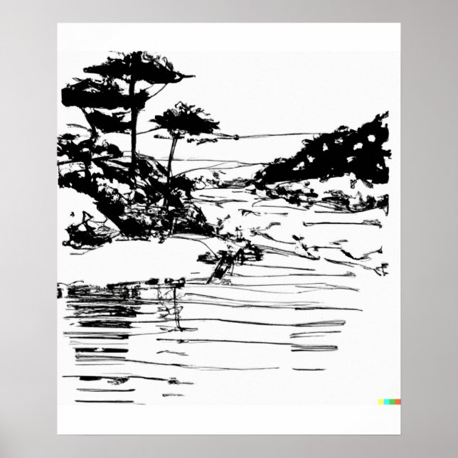Affiche dessin à la main croquis fluvial dans l'art Ukiyo- (Devant)