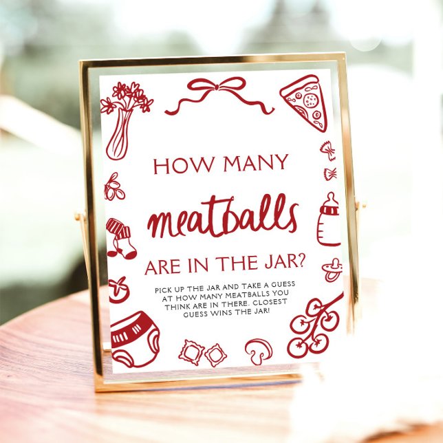 Affiche Dessin À La Main Devant Combien De Boulettes De Vi (Hand Drawn Guess How Many Meatballs Baby Shower Sign)