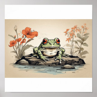 Affiche dessin à la main Frog in Ukiyo-E Style