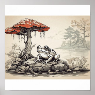 Affiche dessin à la main Frog in Ukiyo-E Style
