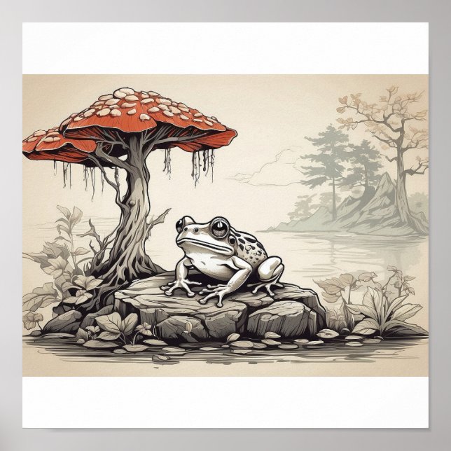 Affiche dessin à la main Frog in Ukiyo-E Style (Devant)