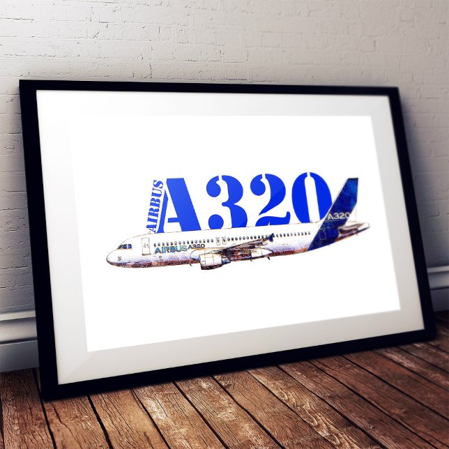 Affiche Dessin à l'aquarelle du profil de l'avion Airbus A (Airbus A320 Aircraft Watercolor drawing Profile. Framed Art)