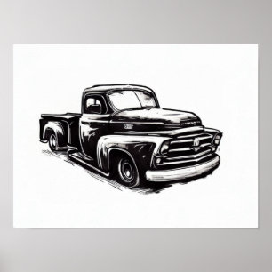 Affiche Dessin à l'encre de camion Dodge noir et blanc
