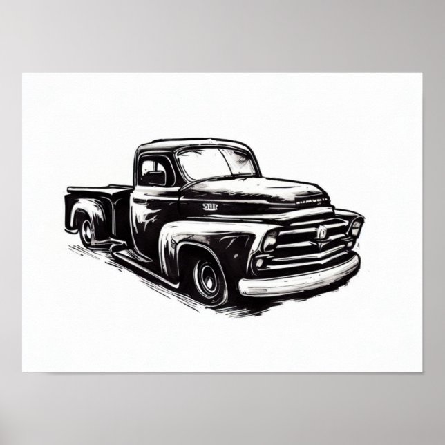 Affiche Dessin à l'encre de camion Dodge noir et blanc (Devant)
