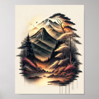 Affiche Dessin à l'encre de paysage japonais avec volcan