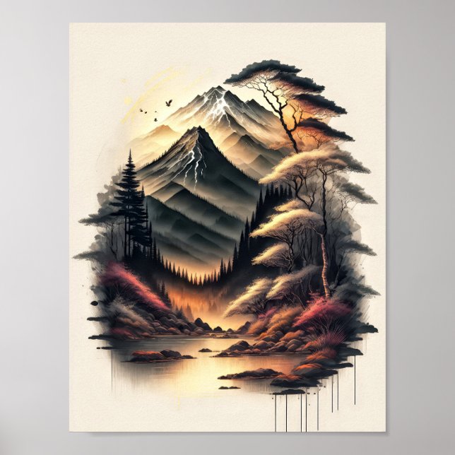 Affiche Dessin à l'encre de paysage japonais avec volcan (Devant)