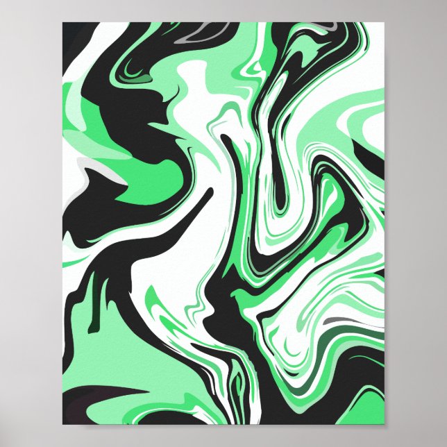 Affiche Dessin abstrait tourbillonnant vert, noir et blanc (Devant)