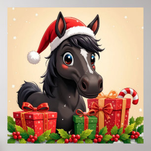 Affiche Dessin animé Cheval noir Cadeaux de Noël Fêtes