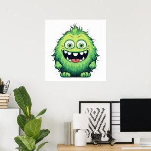 Affiche Dessin animé de monstre vert mignon souriant