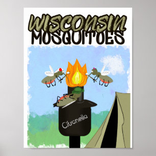 Affiche Dessin animé de moustiques du Wisconsin - Camping 