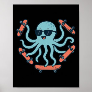 Affiche Dessin animé de skateboard de pieuvre cool