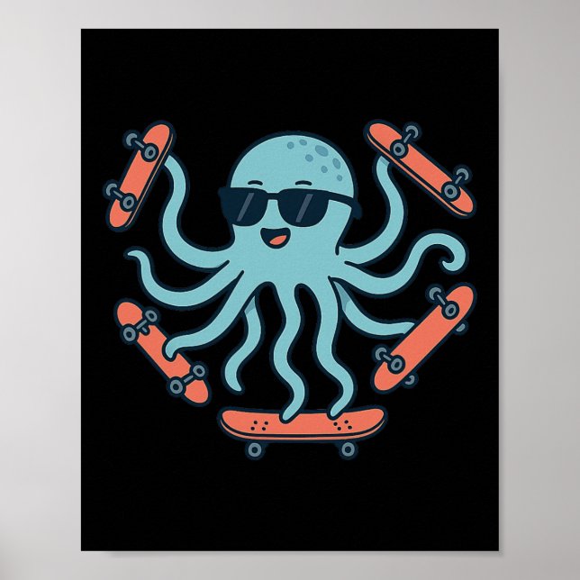 Affiche Dessin animé de skateboard de pieuvre cool  (Devant)
