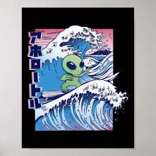 Affiche Dessin animé de surf d'aliens surfant sur une vagu