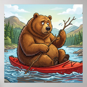 Affiche Dessin animé d'ours grizzly drôle en kayak