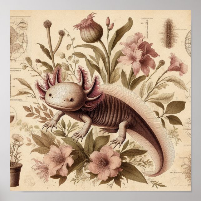 Affiche Dessin Antique d'Axolotl avec Étiquette de Florale (Devant)