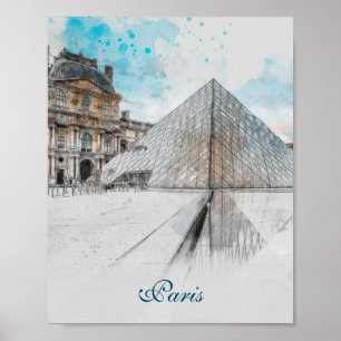 Affiche Dessin aquarelle du Louvre Paris, France
