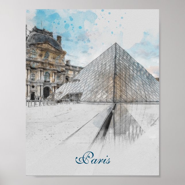 Affiche Dessin aquarelle du Louvre Paris, France (Devant)