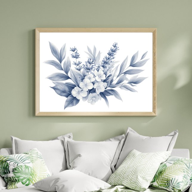 Affiche Dessin au crayon Fleurs blanches et grises argenté (Pencil Sketch Silver, Gray White Floral Wall Art poster print. Printed or Digital Download)