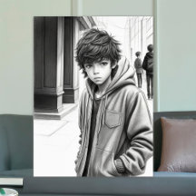 Dessin au crayon noir et blanc de garçon art génér