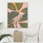 Affiche Dessin botanique rose et vert Palm Frond<br><div class="desc">Une belle illustration florale d'une feuille de bananier tropicale en vert et jaune sur un arrière - plan rose vif</div>