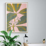 Affiche Dessin botanique rose et vert Palm Frond<br><div class="desc">Une belle illustration florale d'une feuille de bananier tropicale en vert et jaune sur un arrière - plan rose vif</div>