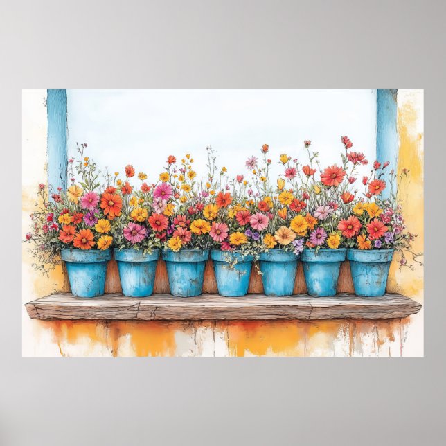Affiche Dessin couleur pastel avec pots de fleurs (Devant)