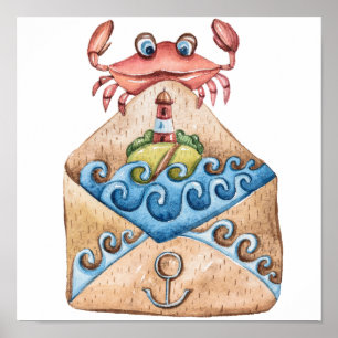 Affiche Dessin d'aquarelle de crabe