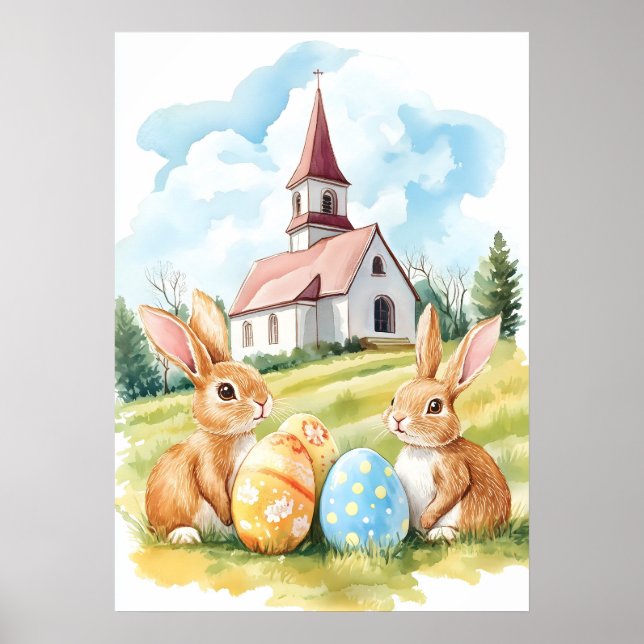 Affiche Dessin d'aquarelle de l'église Bunny de Pâques (Devant)