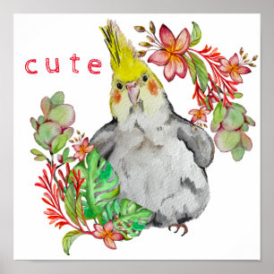 Affiche Dessin d'aquarelle d'un perroquet amusant en fleur