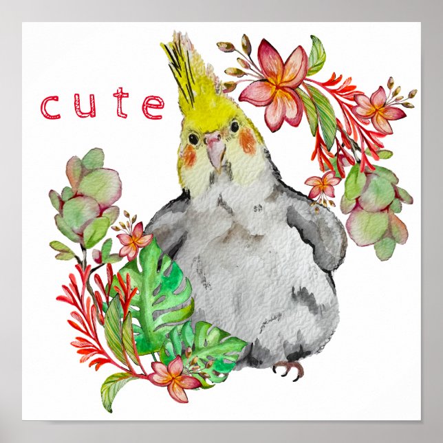 Affiche Dessin d'aquarelle d'un perroquet amusant en fleur (Devant)