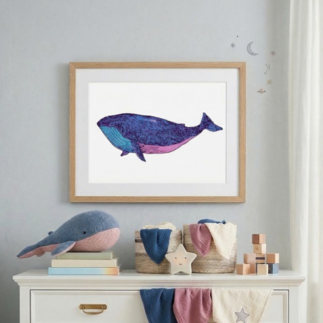 Affiche Dessin d'art de la baleine mignonne en bleu océan (Créateur téléchargé)
