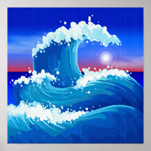 Affiche Dessin d'art de la grande vague bleue