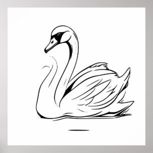 Affiche Dessin d'art de la ligne blanche de cygne mignonne