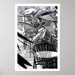Affiche Dessin d'art en ligne de feuilles tropicales botan
