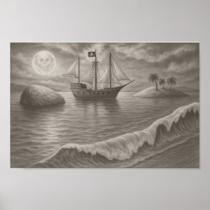 Affiche Dessin de bateau pirate au clair de lune – Fantais